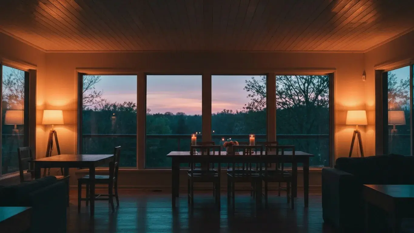 wide interior photograph of a warm dining area with floor-to-ceiling windows framing a nature view, lit by table lamps at dusk