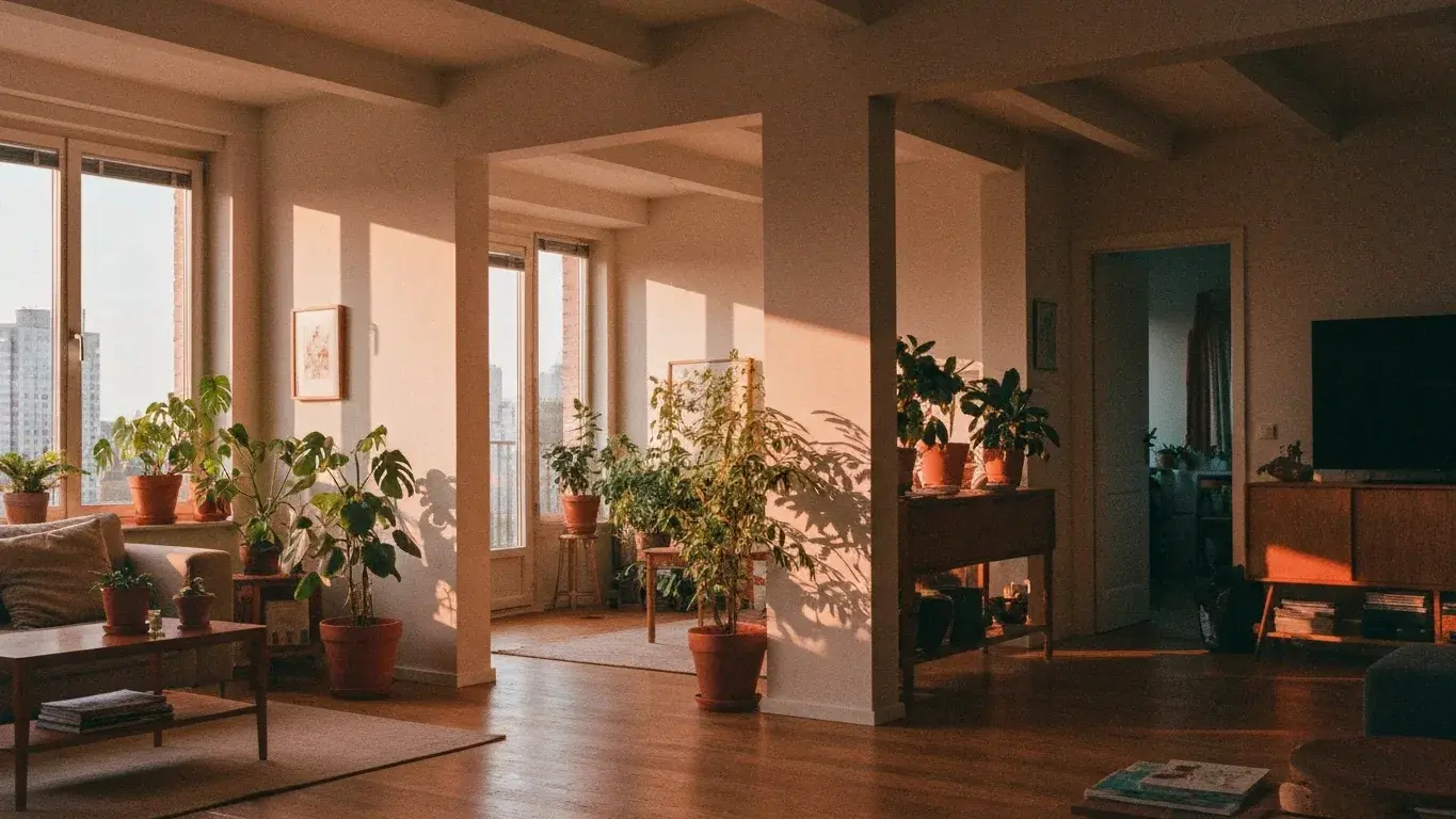 editorial interior vignette of a open-plan living room with houseplants and natural materials, flooded with soft morning light
