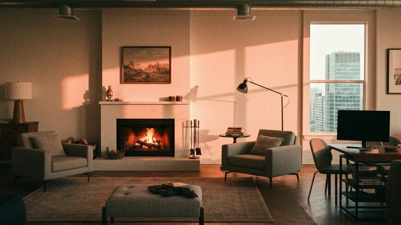 editorial interior vignette of a loft den with a crackling fireplace, flooded with soft morning light