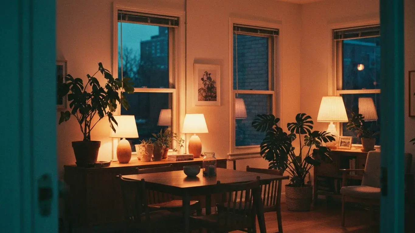 editorial interior vignette of a warm dining area with houseplants and natural materials, lit by table lamps at dusk