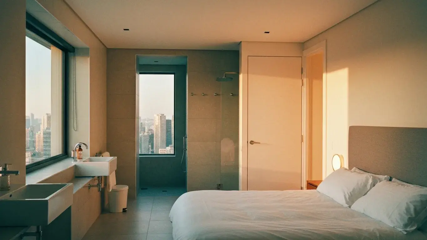 wide interior photograph of a spa-like bathroom with a made bed with crisp white linens, in warm golden afternoon light