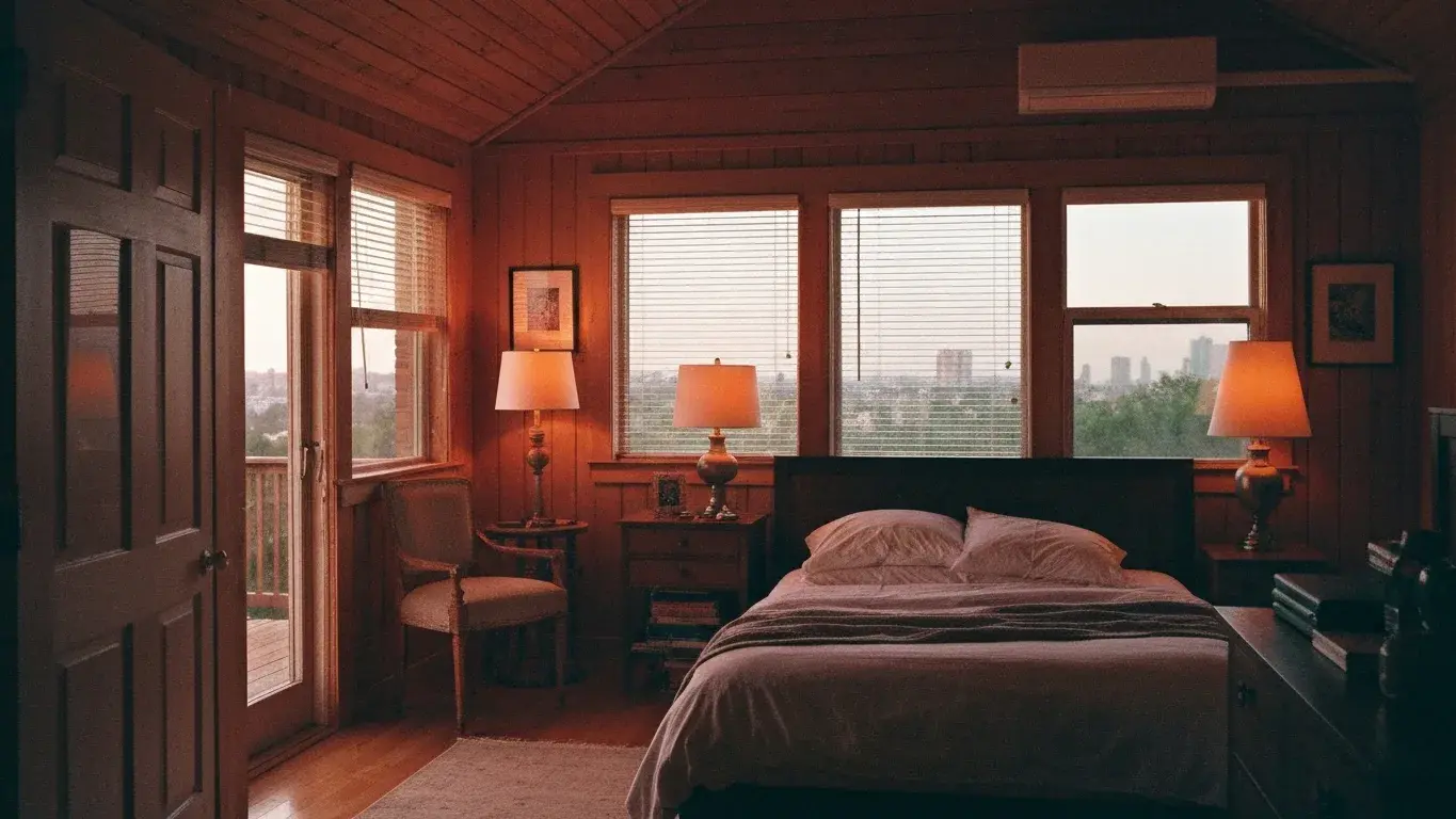 editorial interior vignette of a sunlit primary bedroom with warm wood and linen textures, lit by table lamps at dusk