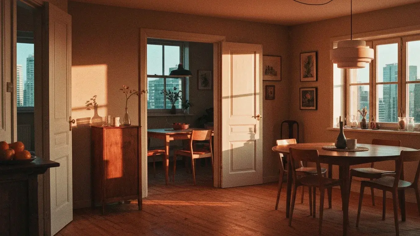 wide interior photograph of a warm dining area with warm wood and linen textures, in warm golden afternoon light