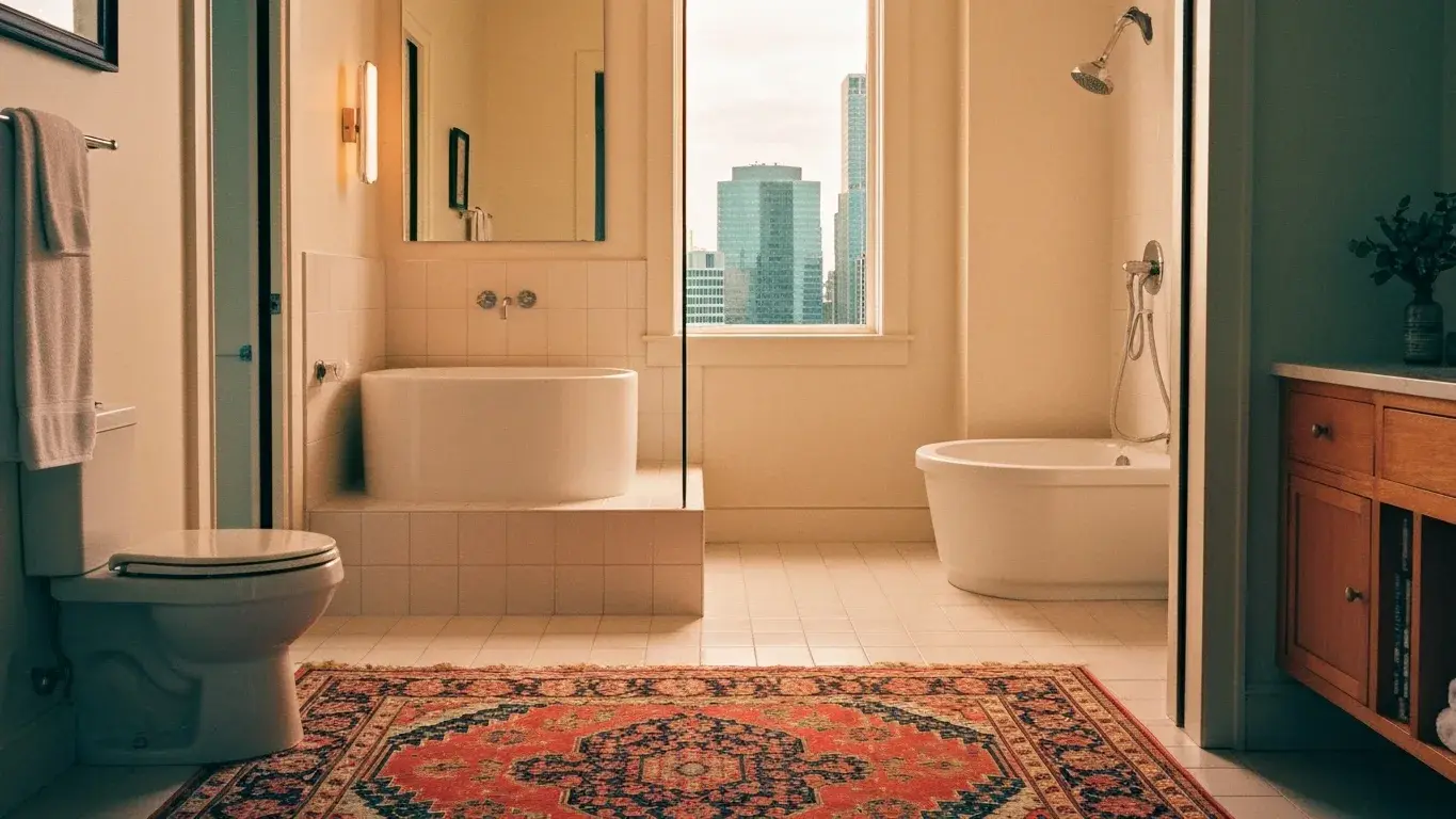 editorial interior vignette of a spa-like bathroom with a statement vintage rug, in warm golden afternoon light