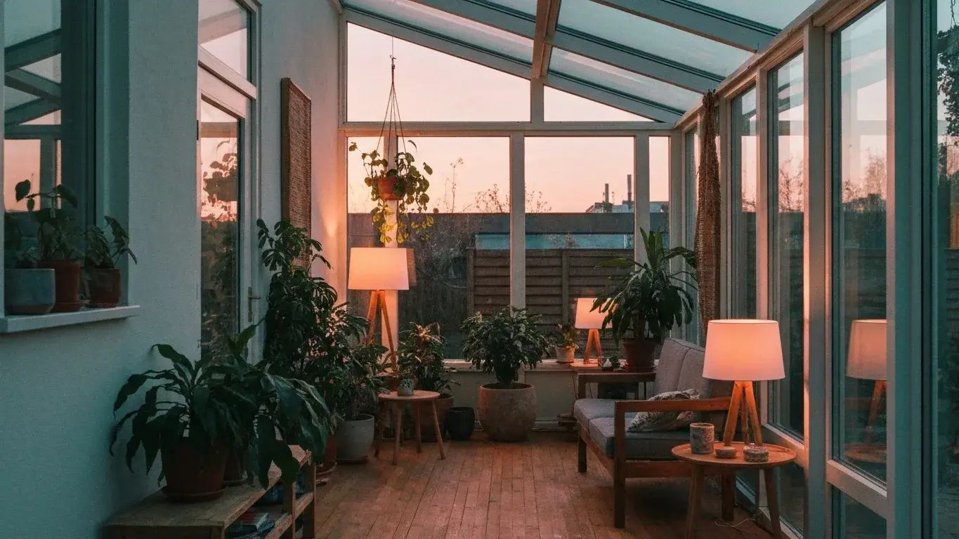 architectural interior photograph of a bright sunroom with houseplants and natural materials, lit by table lamps at dusk