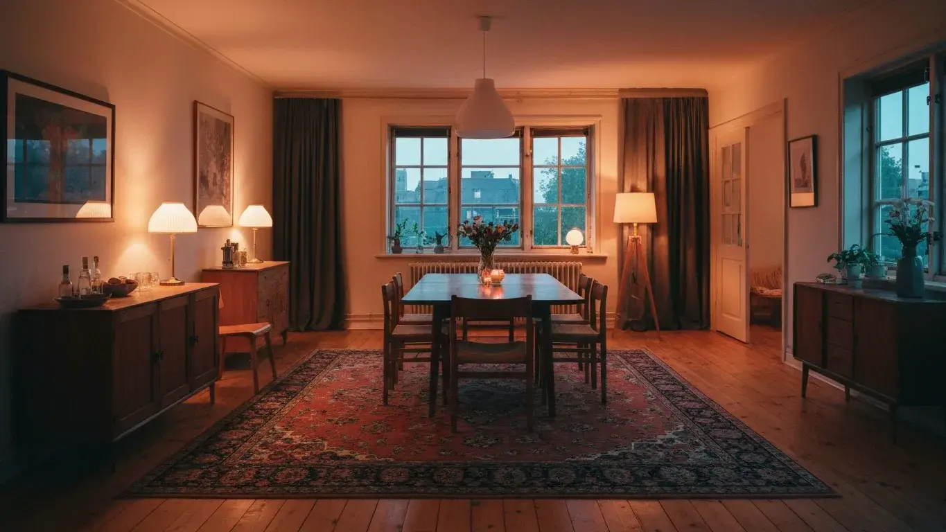 wide interior photograph of a warm dining area with a statement vintage rug, lit by table lamps at dusk