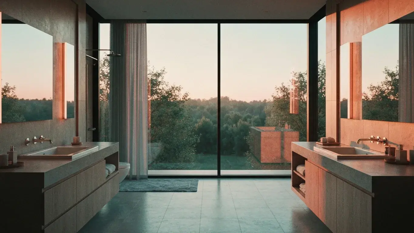 wide interior photograph of a spa-like bathroom with floor-to-ceiling windows framing a nature view, flooded with soft morning light