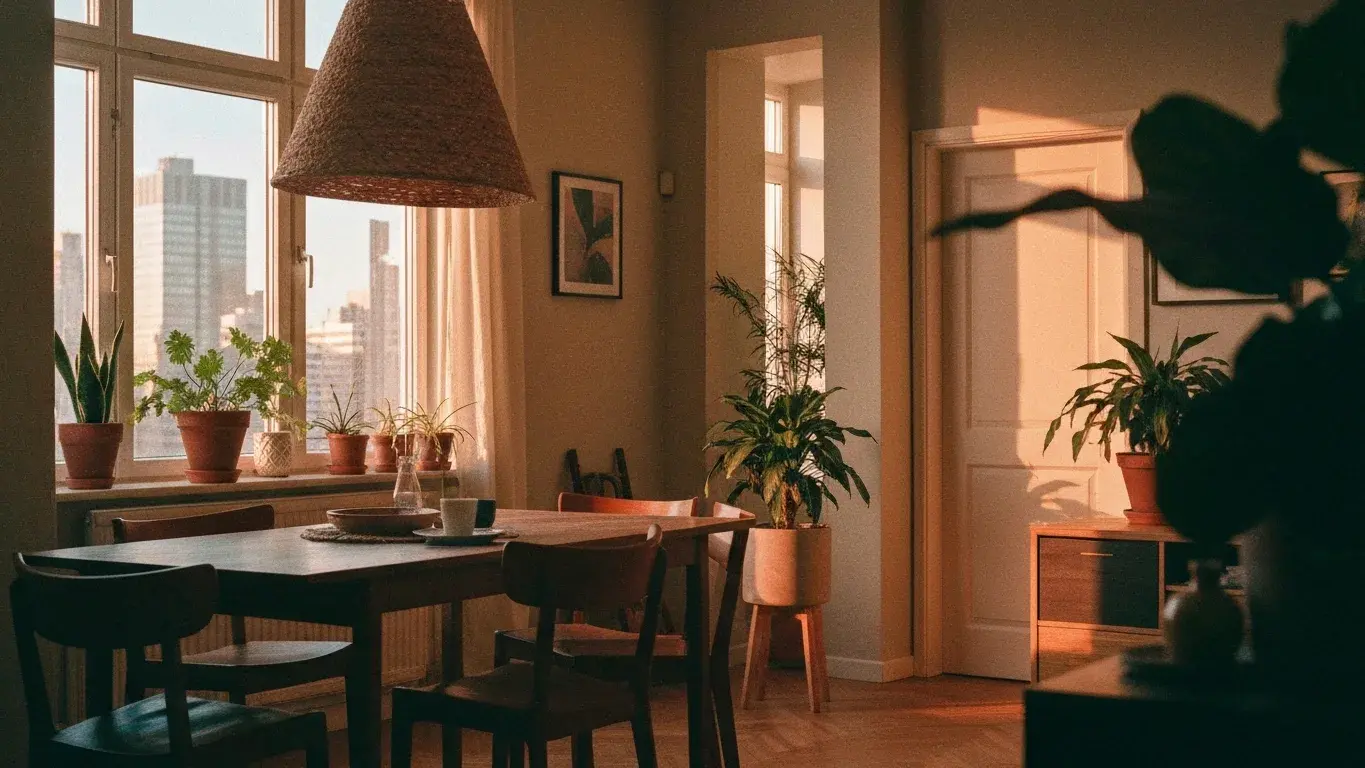 editorial interior vignette of a warm dining area with houseplants and natural materials, flooded with soft morning light