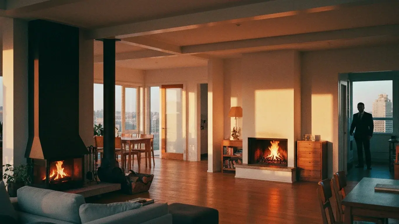 wide interior photograph of a open-plan living room with a crackling fireplace, in warm golden afternoon light