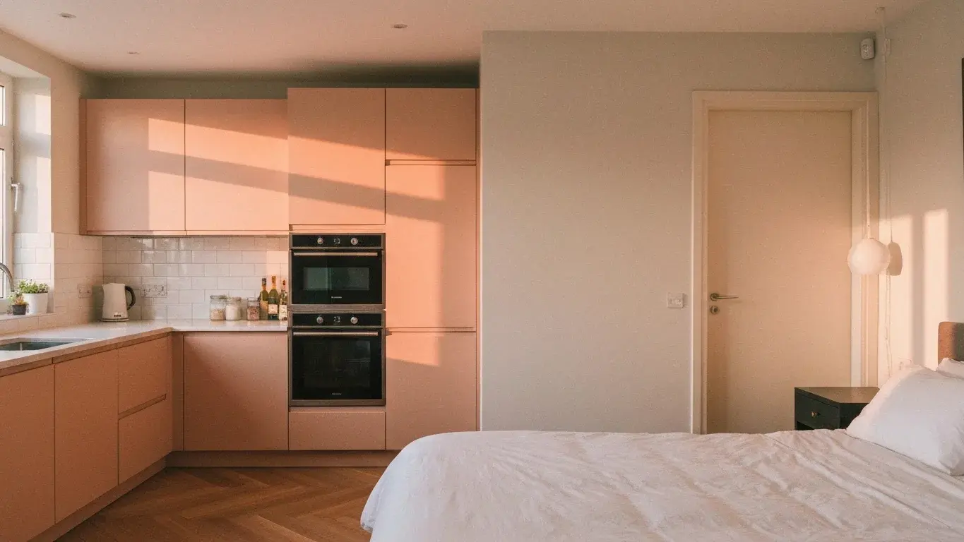 wide interior photograph of a designer kitchen with a made bed with crisp white linens, flooded with soft morning light