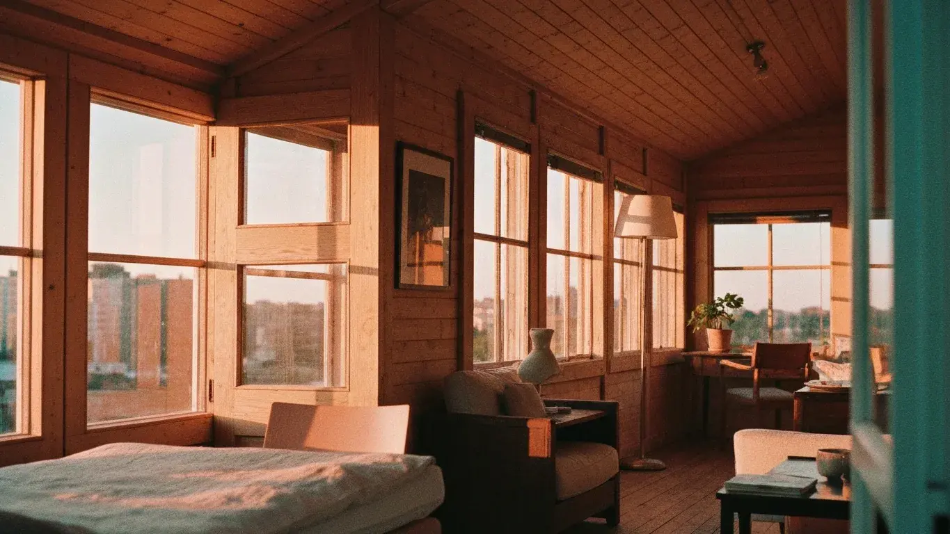editorial interior vignette of a bright sunroom with warm wood and linen textures, in warm golden afternoon light