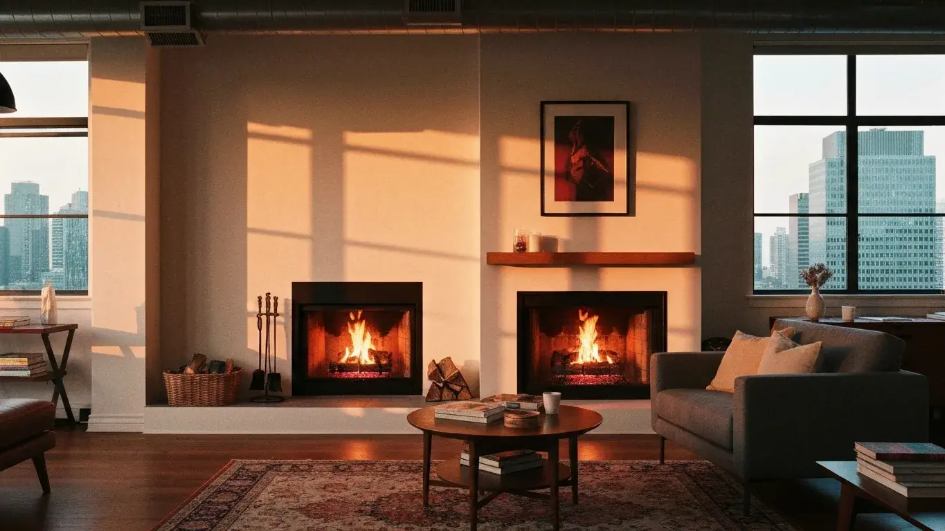 editorial interior vignette of a loft den with a crackling fireplace, in warm golden afternoon light