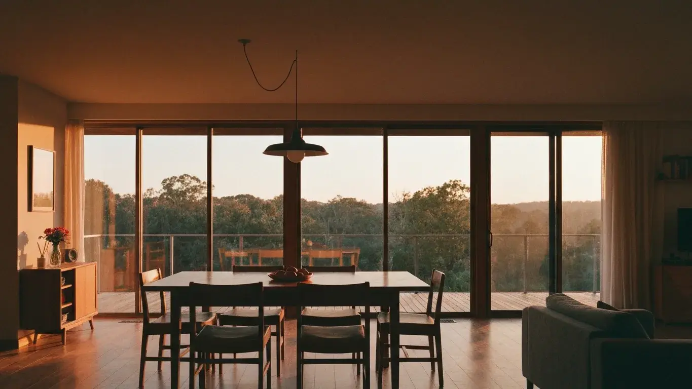 architectural interior photograph of a warm dining area with floor-to-ceiling windows framing a nature view, in warm golden afternoon light