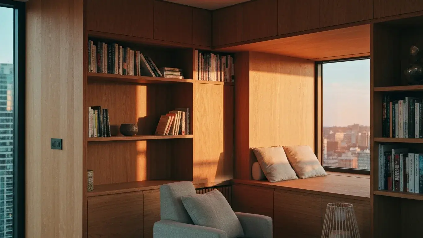 architectural interior photograph of a cozy reading nook with warm wood and linen textures, in warm golden afternoon light
