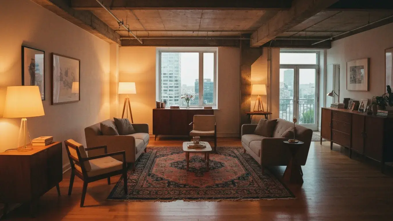 architectural interior photograph of a loft den with a statement vintage rug, lit by table lamps at dusk