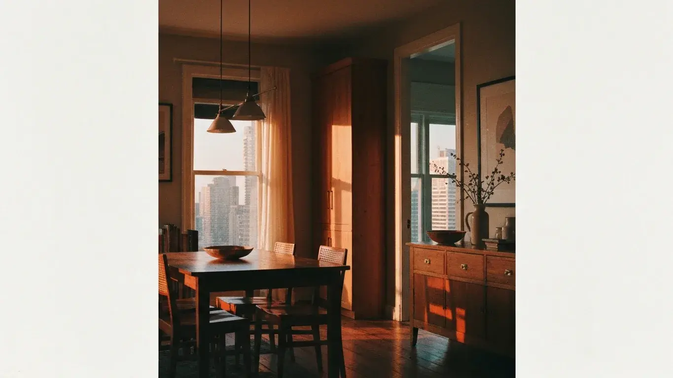 editorial interior vignette of a warm dining area with warm wood and linen textures, in warm golden afternoon light