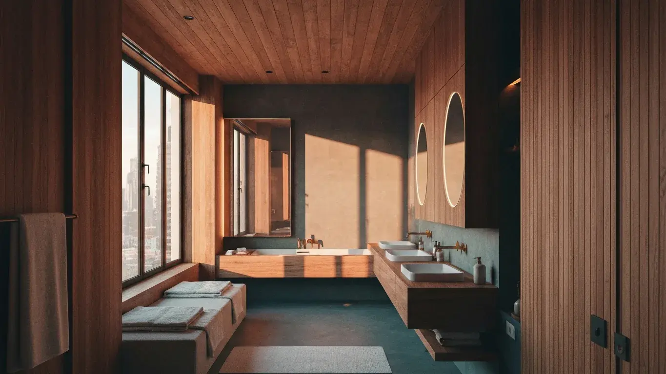 architectural interior photograph of a spa-like bathroom with warm wood and linen textures, flooded with soft morning light