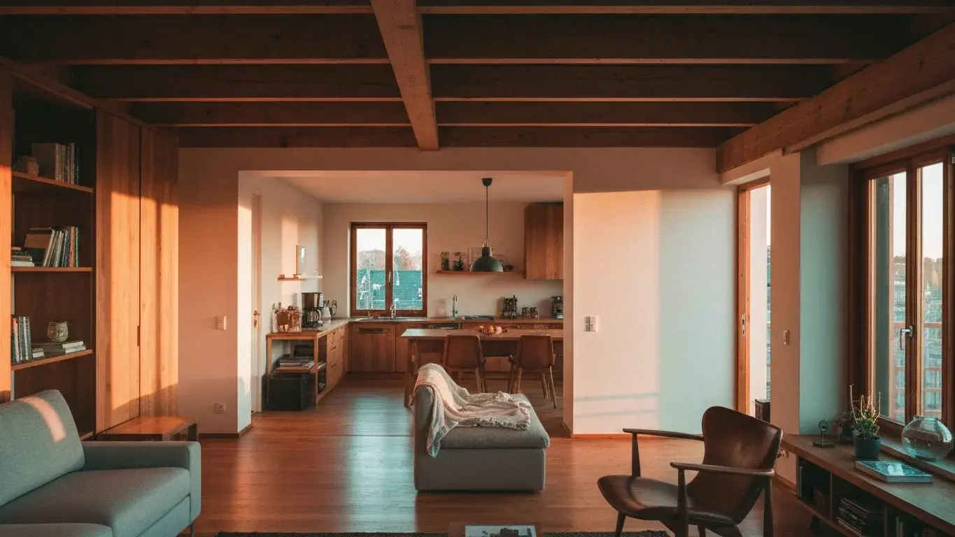 wide interior photograph of a open-plan living room with warm wood and linen textures, in warm golden afternoon light