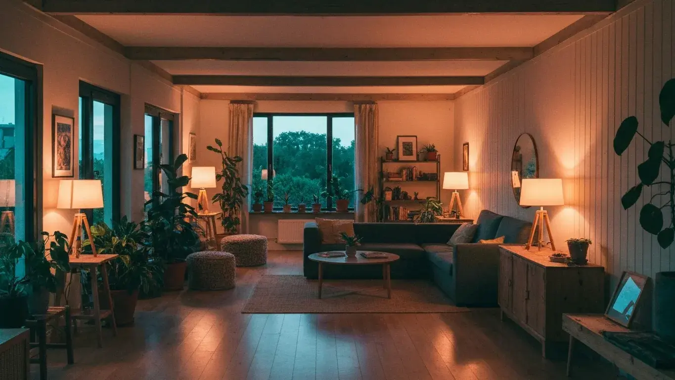 wide interior photograph of a open-plan living room with houseplants and natural materials, lit by table lamps at dusk