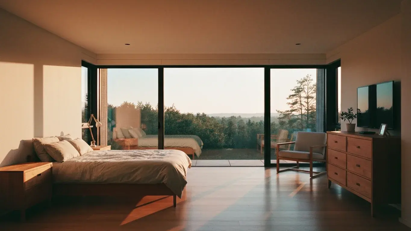 wide interior photograph of a sunlit primary bedroom with floor-to-ceiling windows framing a nature view, flooded with soft morning light