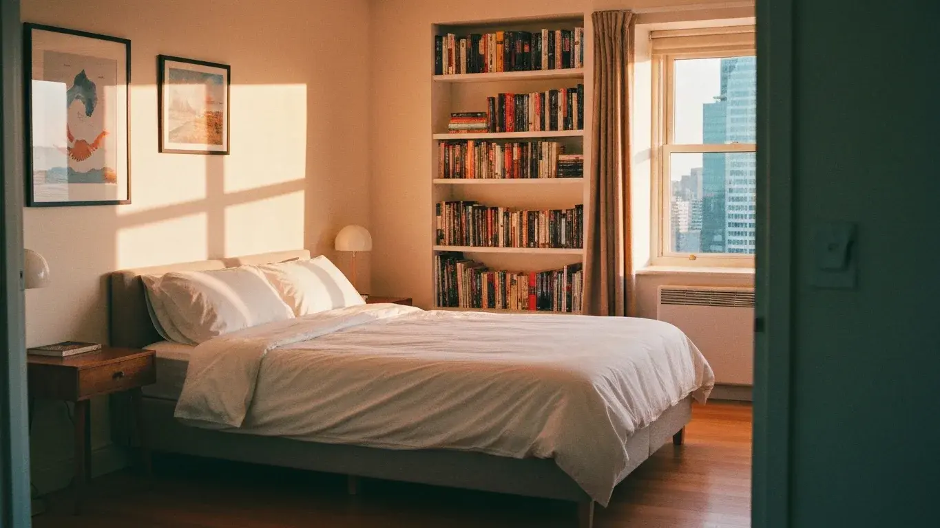 wide interior photograph of a cozy reading nook with a made bed with crisp white linens, in warm golden afternoon light