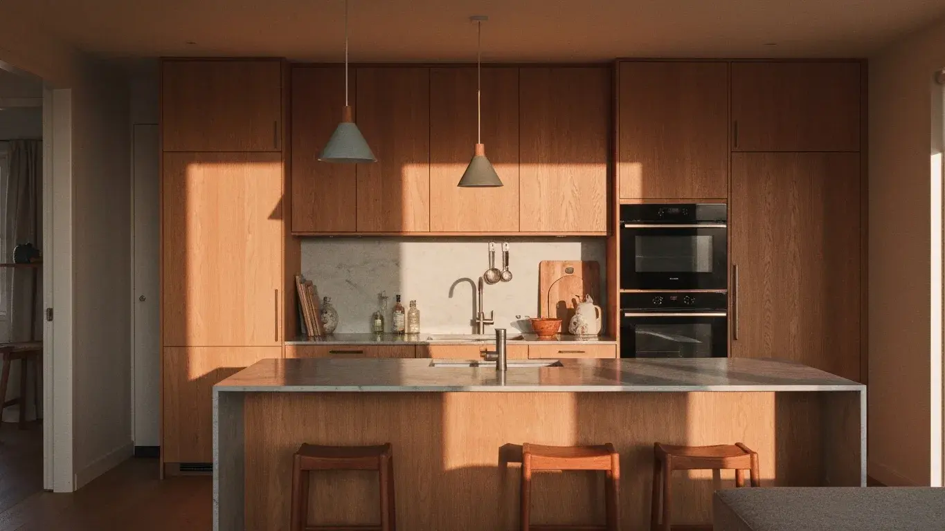 architectural interior photograph of a designer kitchen with warm wood and linen textures, in warm golden afternoon light