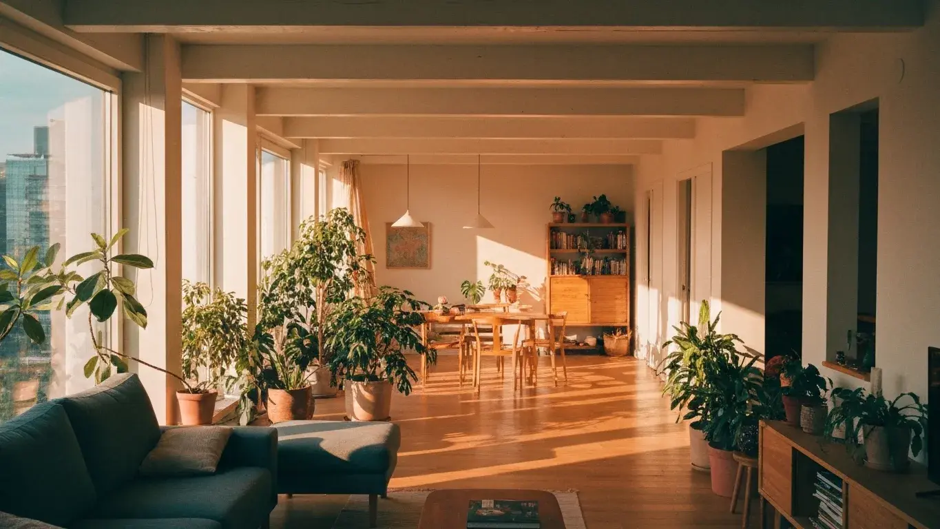 wide interior photograph of a open-plan living room with houseplants and natural materials, in warm golden afternoon light