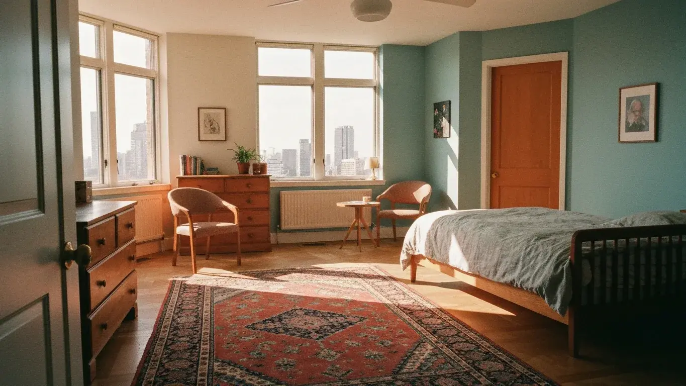architectural interior photograph of a sunlit primary bedroom with a statement vintage rug, flooded with soft morning light