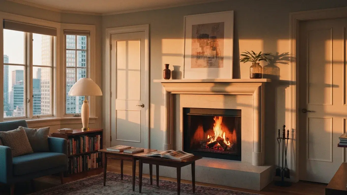 architectural interior photograph of a cozy reading nook with a crackling fireplace, in warm golden afternoon light
