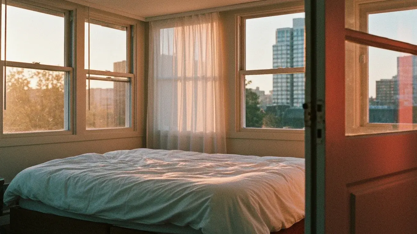 editorial interior vignette of a bright sunroom with a made bed with crisp white linens, flooded with soft morning light