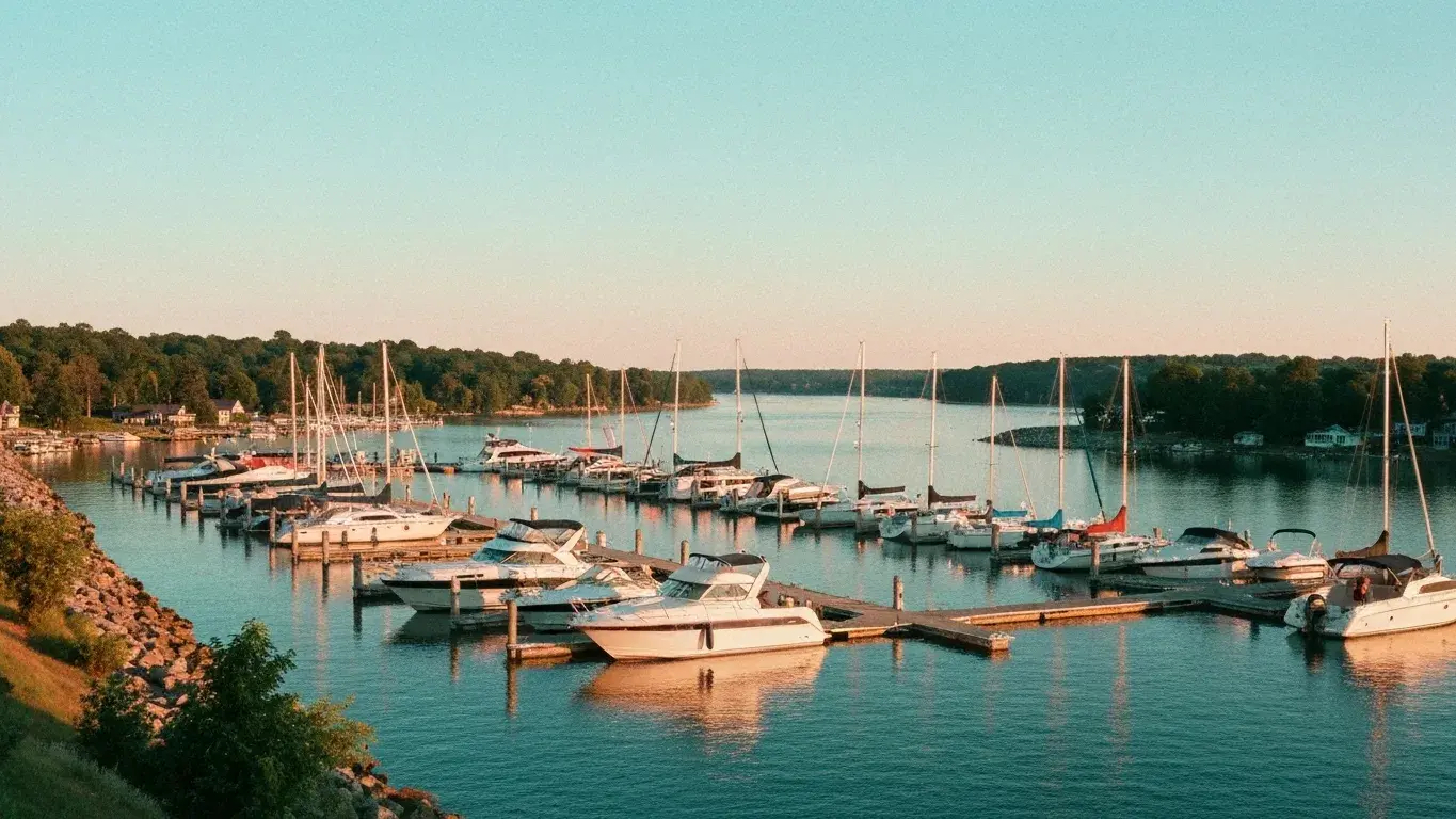 wide documentary photograph of a lakeside marina dotted with boats, on a bright summer morning