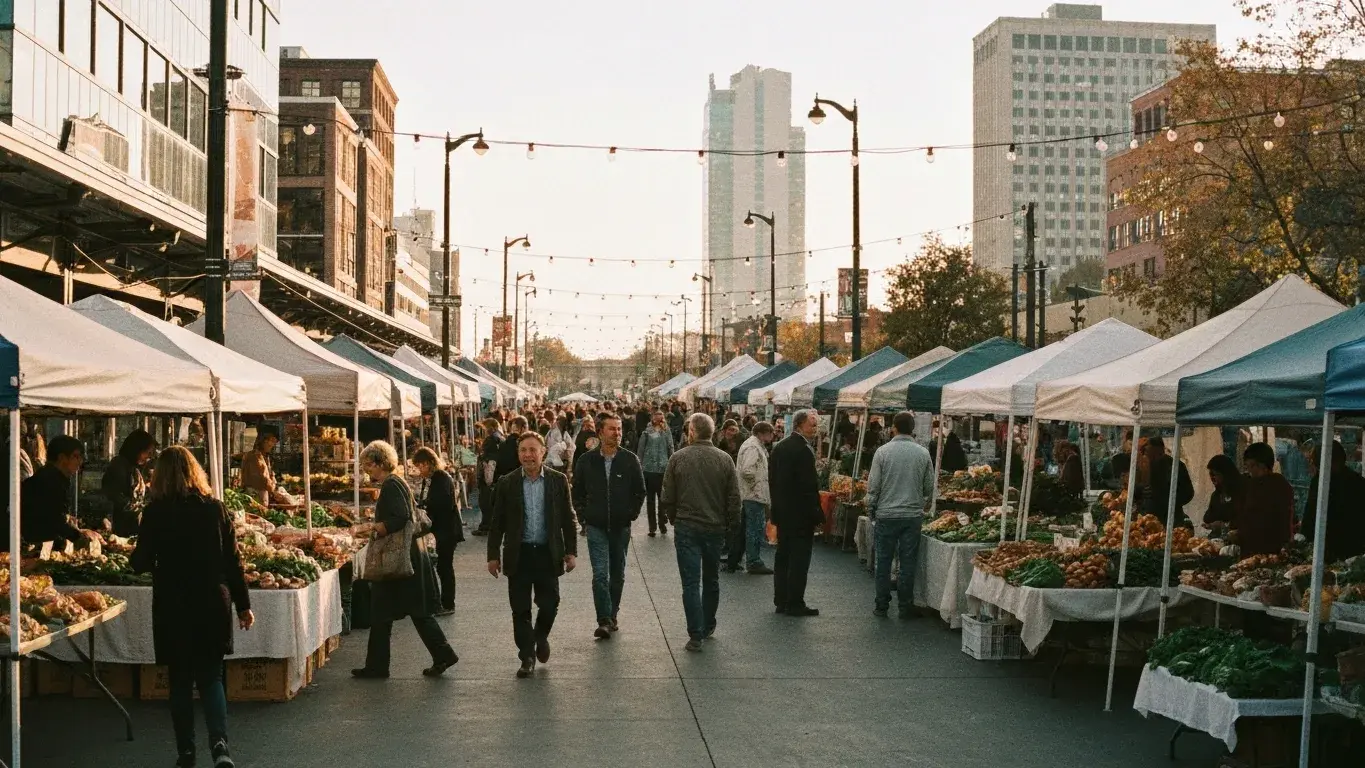 wide documentary photograph of a bustling open-air farmers market, at golden hour