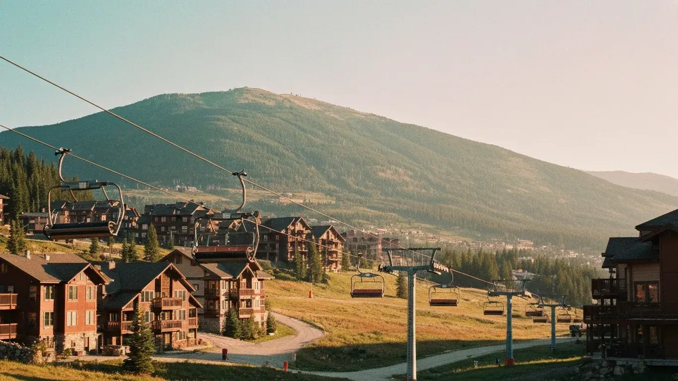 establishing travel photograph of a mountain town with ski lifts, on a bright summer morning