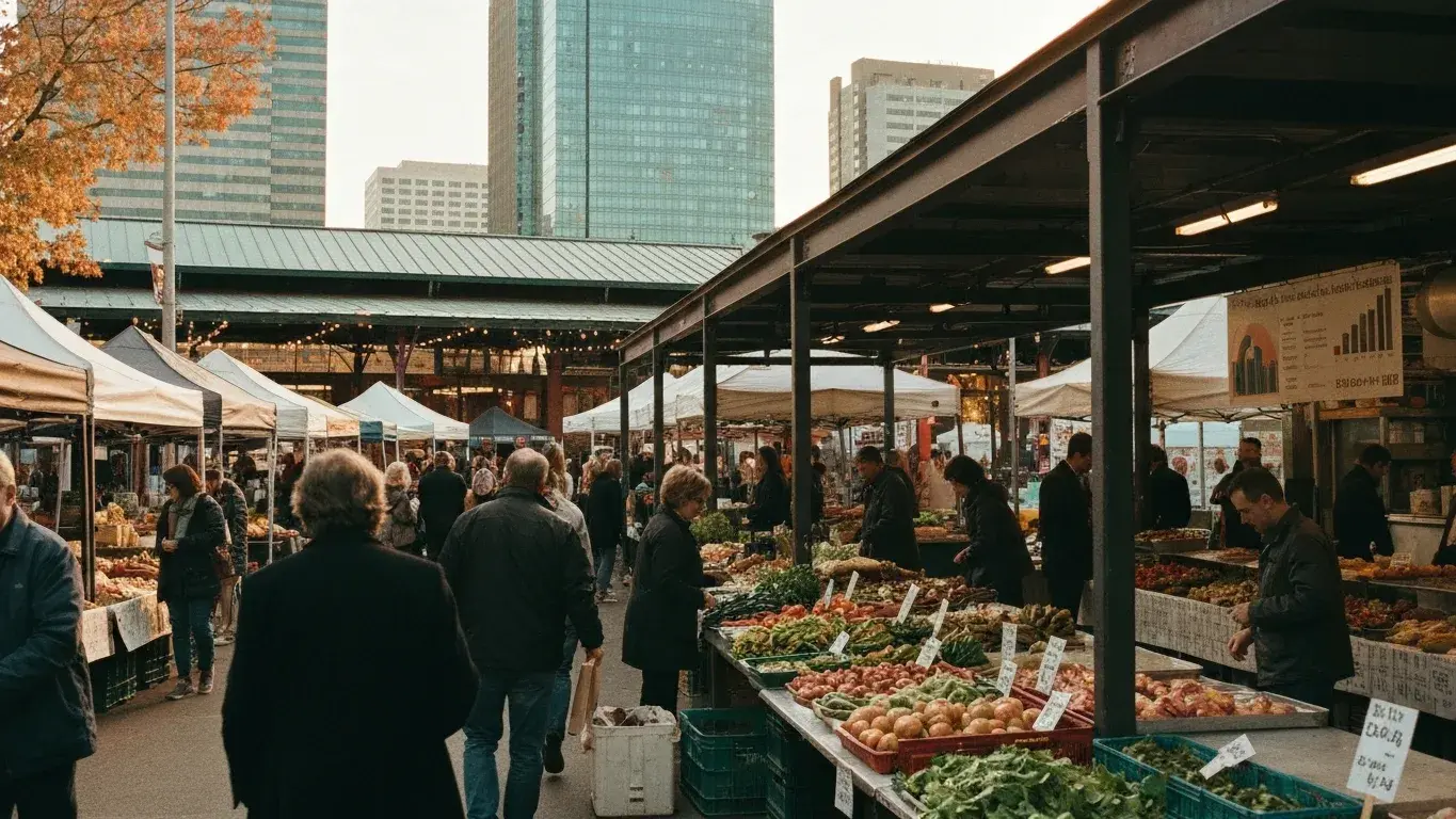establishing travel photograph of a bustling open-air farmers market, in crisp autumn light