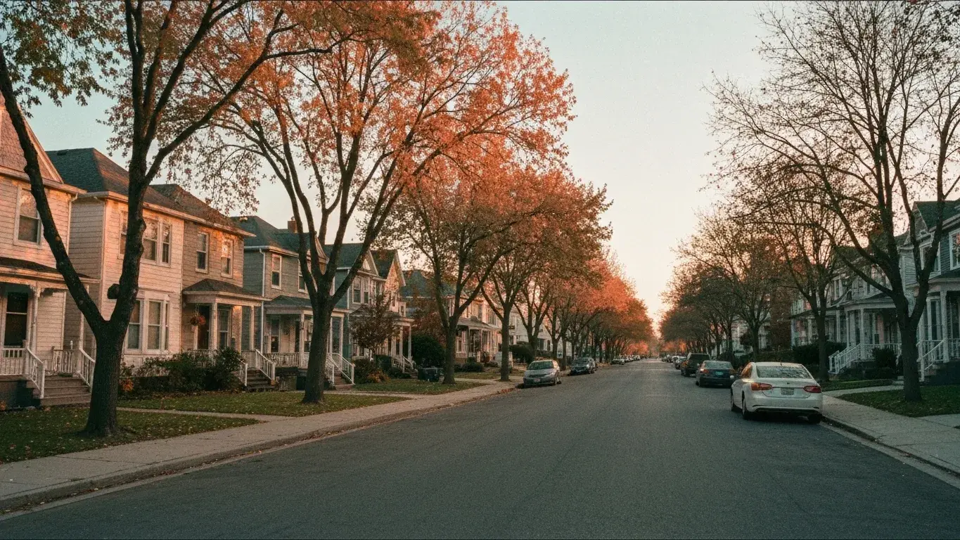 wide documentary photograph of a tree-lined residential street of rental homes, in crisp autumn light
