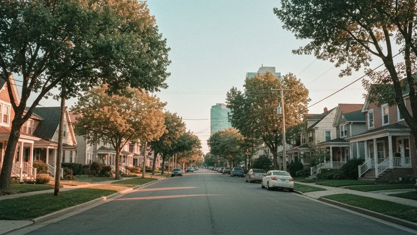 wide documentary photograph of a tree-lined residential street of rental homes, on a bright summer morning
