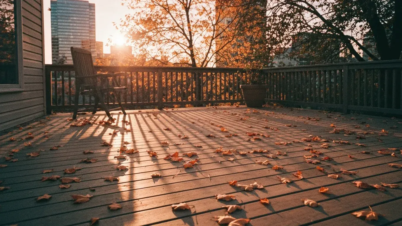 mood-setting wide photograph of autumn leaves scattered across a sunlit deck, peaceful and quiet