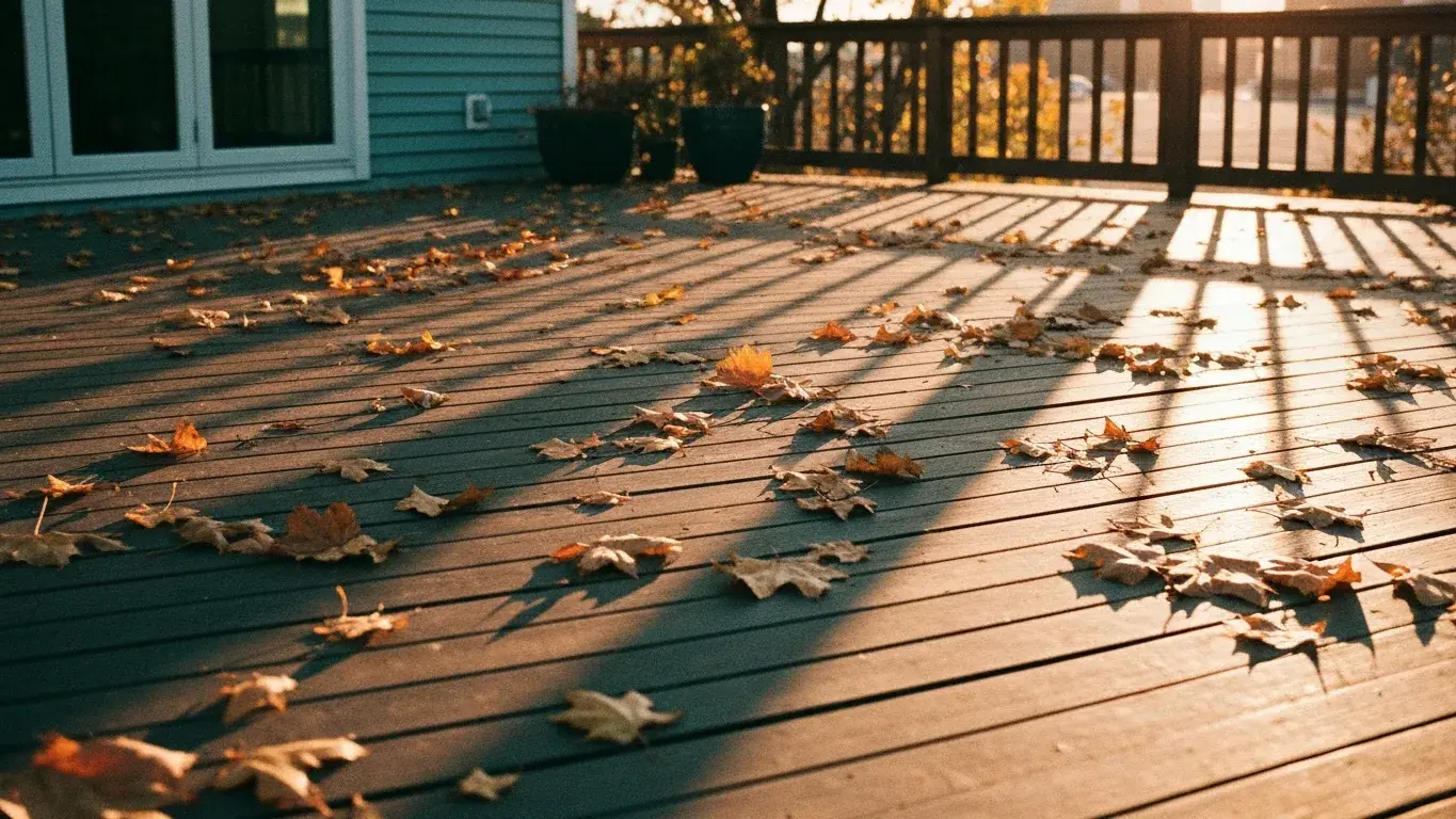 atmospheric photograph of autumn leaves scattered across a sunlit deck, peaceful and quiet