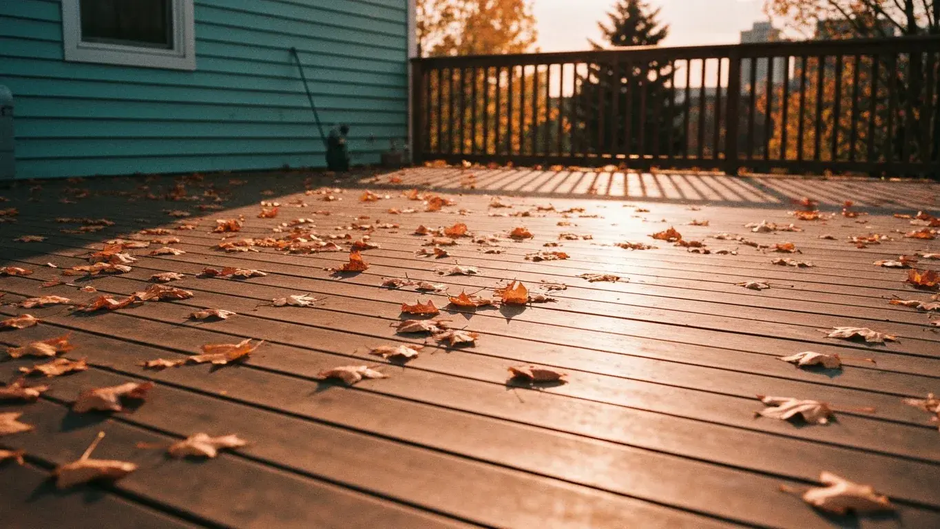 atmospheric photograph of autumn leaves scattered across a sunlit deck, warm and inviting