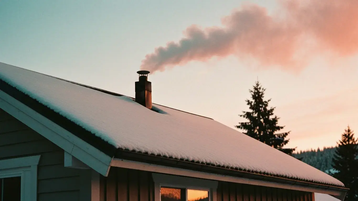 atmospheric photograph of snow settling on a cabin roof with woodsmoke curling from the chimney, serene and atmospheric