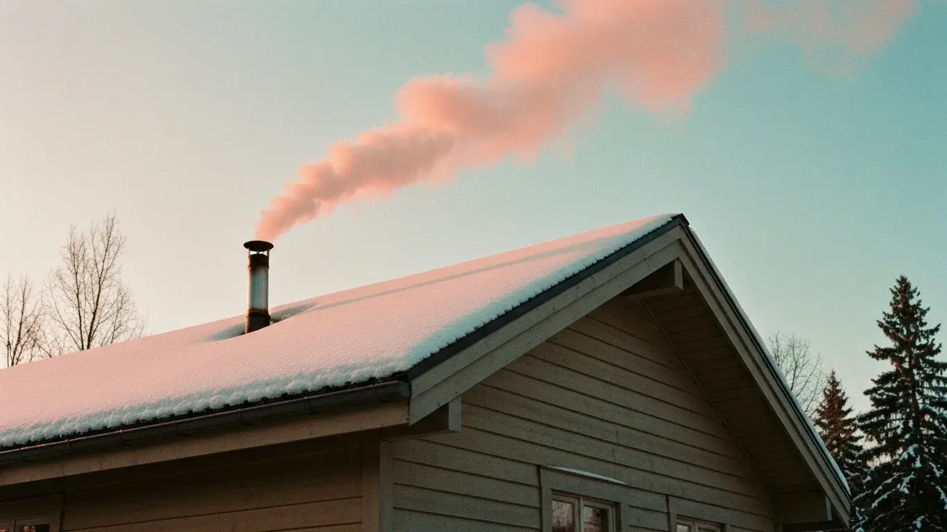 evocative photograph of snow settling on a cabin roof with woodsmoke curling from the chimney, peaceful and quiet