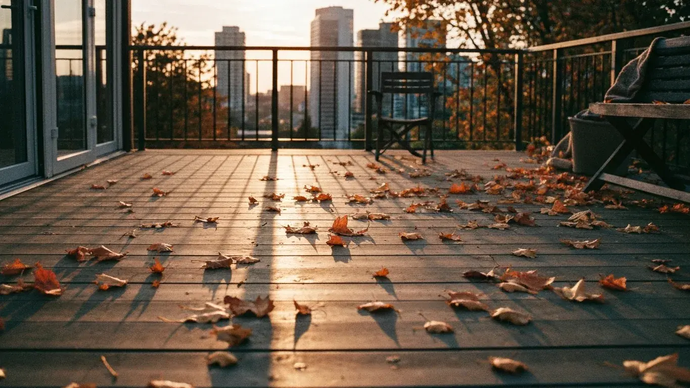 atmospheric photograph of autumn leaves scattered across a sunlit deck, serene and atmospheric