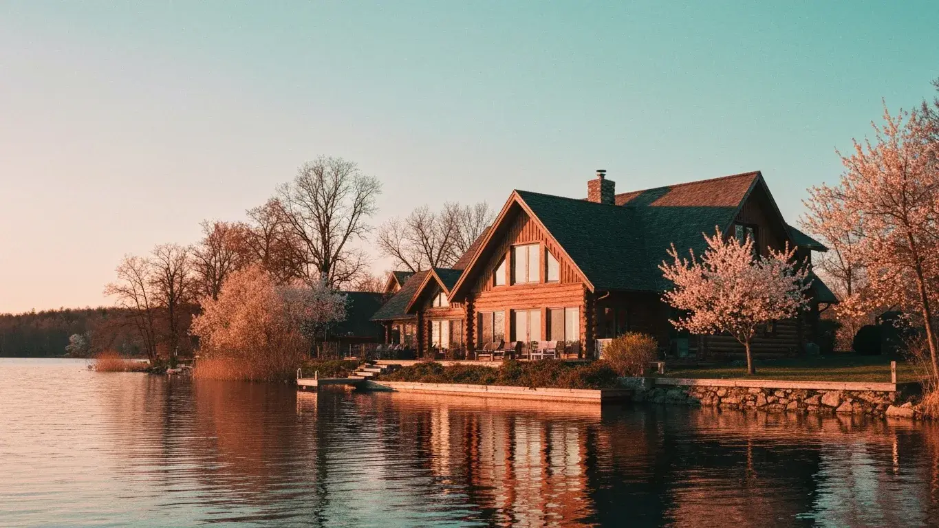 wide establishing exterior photograph of a lakefront timber house set in the edge of a glassy lake, warm sunset, spring bloom